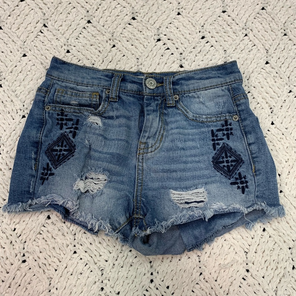 Mudd Embroidered Distressed Denim Jean Shorts
